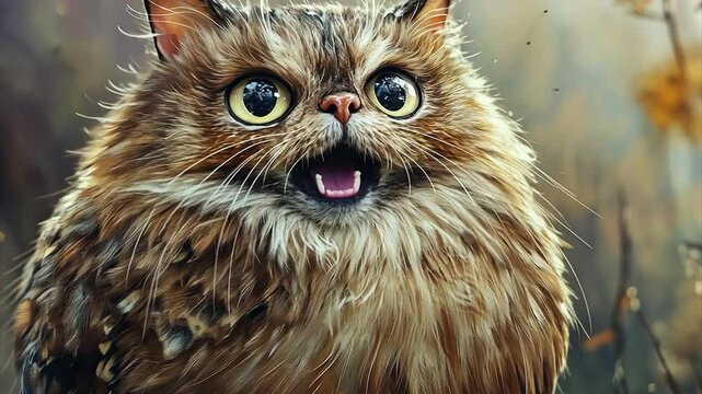 Close up of an adorable obese horned "Catowl" hooting while perched on the forest floor. Cat owls have a face that resembles a cat and body resembling an owl.