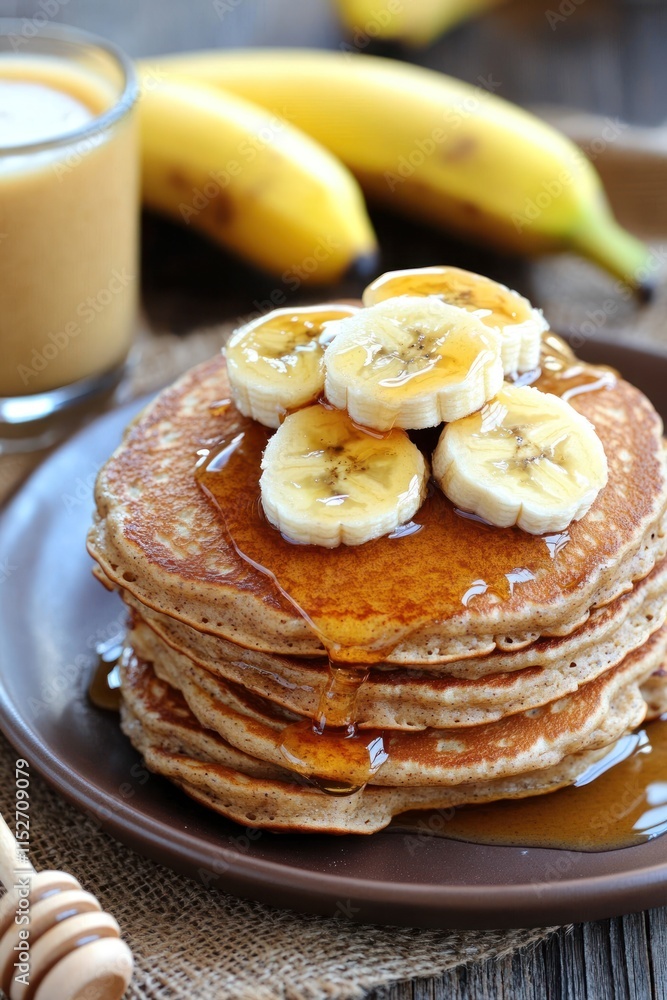 Poster a delicious stack of pancakes topped with banana slices and honey, served with a smoothie.