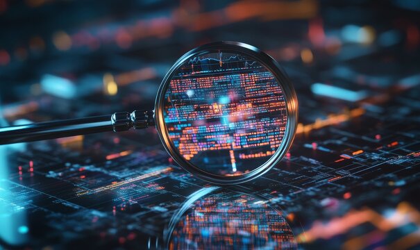 Magnifying glass over glowing digital code on circuit board.