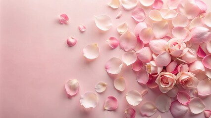 Delicate rose petals scattered on a soft pink background with subtle texture, floral arrangement