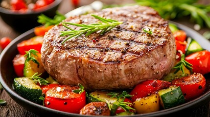 Juicy grilled steak with rosemary, served with roasted vegetables.