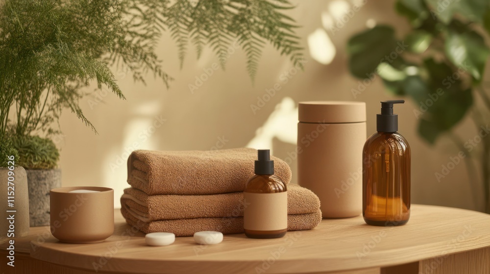 Aufkleber a serene arrangement of bath products and towels in a calming, natural setting.
