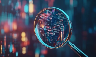 Magnifying glass revealing digital code on a blurred city background.