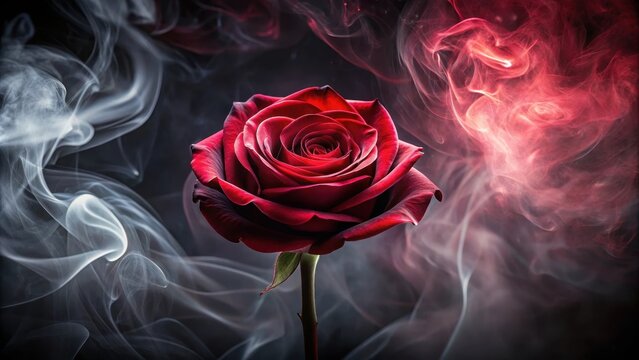 Elegant rose wrapped in a mesmerizing swirl of red smoke against a dark and mysterious background , intrigue, flowers,  intrigue