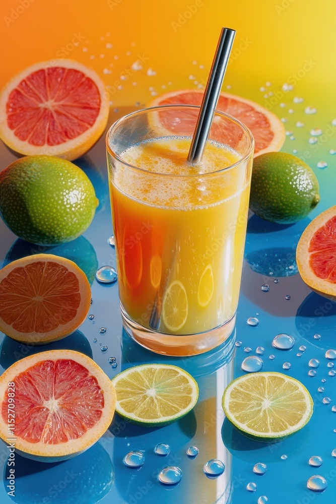 Poster a refreshing citrus drink with vibrant colors and fresh fruits surrounding it.