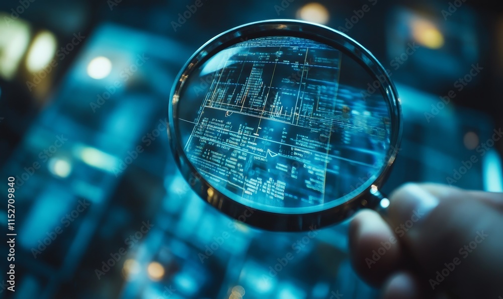 Poster Magnifying glass over data charts and graphs.
