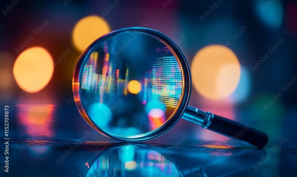 Poster Magnifying glass with digital data and charts reflected, illuminated by colorful bokeh lights.