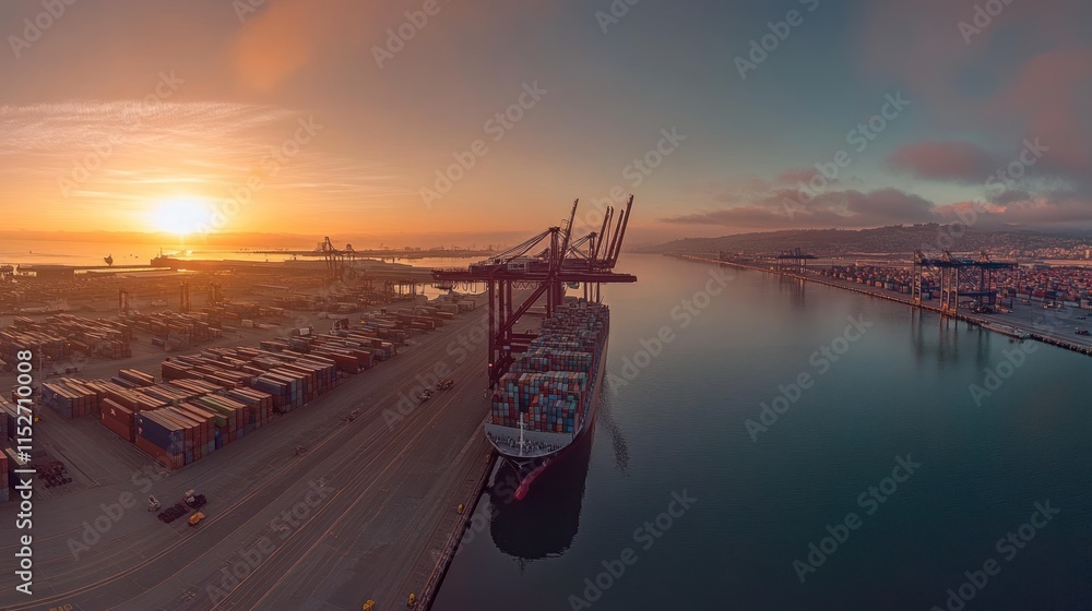 Poster aerial view of a busy port at sunrise with shipping containers and cranes.