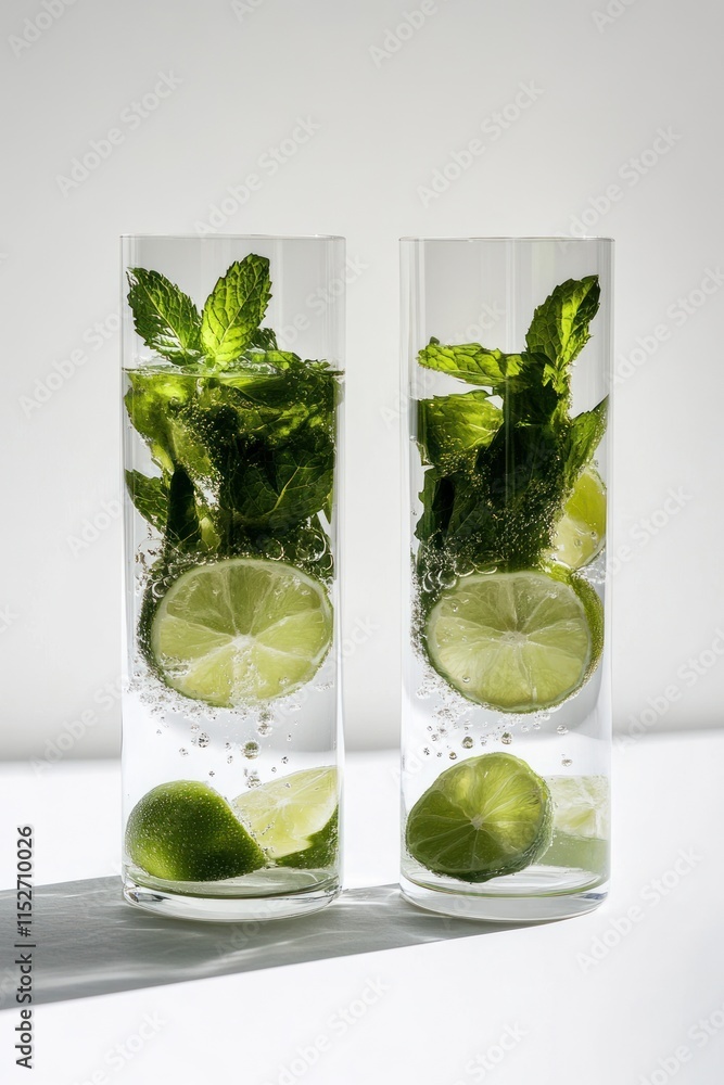 Poster two tall glasses filled with mint leaves and lime slices, creating a refreshing drink.