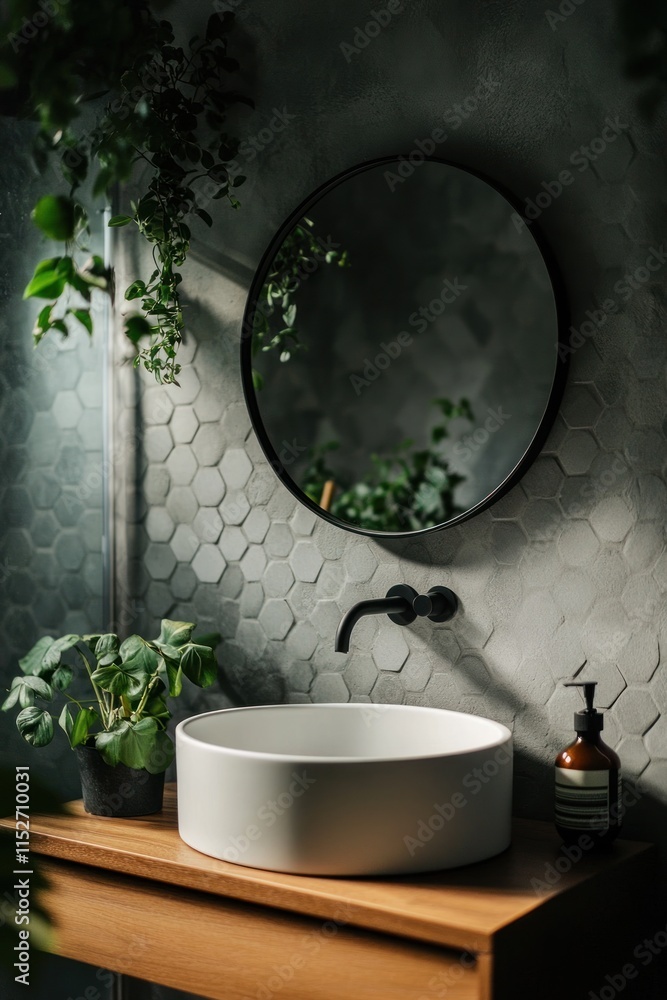 Poster a modern bathroom sink setup with plants and a round mirror reflecting a serene atmosphere.