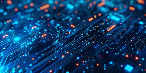 Technology banner design with a blue background and intricate circuit board pattern..