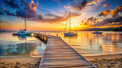 Fototapeta premium A scenic beach at sunset with a wooden pier and sailboats docked, scenery, background, scenery, background, colors, scenery