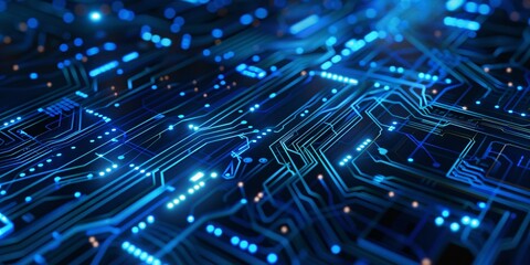 Technology banner design with a blue background and intricate circuit board pattern..