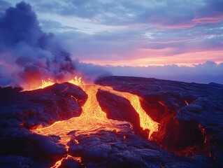 Molten lava flows across volcanic rock at sunset, billowing smoke in the air.