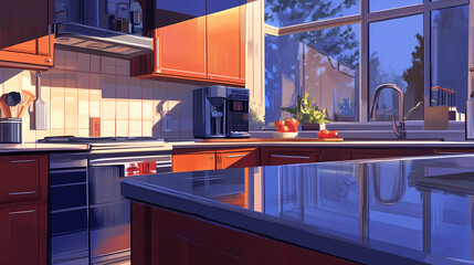 Contemporary kitchen with quartz countertops and undercabinet lighting, high detail, rule of thirds. Quartz. Illustration
