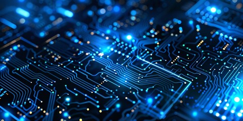 A tech-themed banner with a blue background and digital circuit board elements.