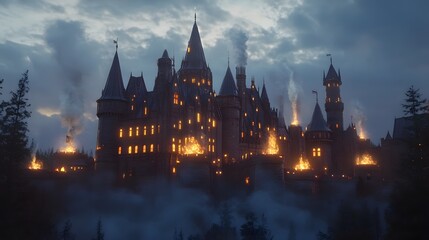 Obraz premium A castle at dusk with glowing lights in the windows and a magical glow in the sky