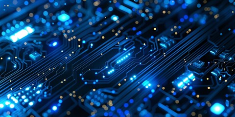 A tech-themed banner with a blue background and digital circuit board elements.