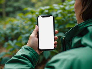 A person holding a smartphone with a blank white screen in their left hand.