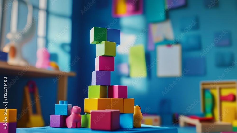 Poster a creative block-building scene in a vibrant playroom, colorful blocks stacked artistically, playful