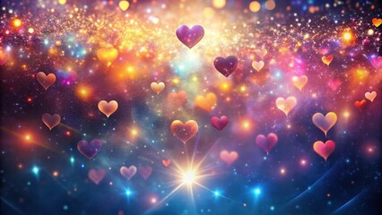 Sparkling hearts floating in a nebula of shimmering lights, dreamy, colorful,  dreamy