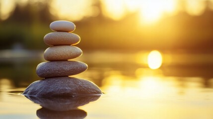 Obraz premium Tranquil Spa Scene with Balanced Stones at Sunrise