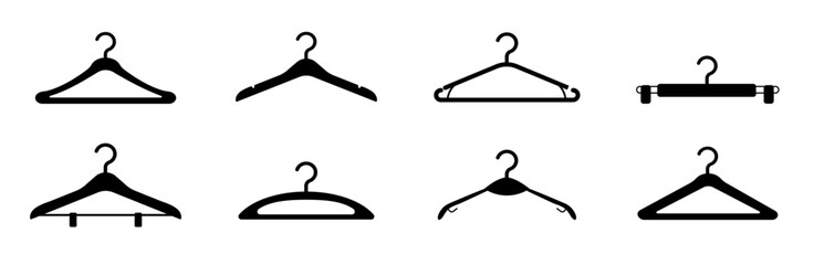 Set of hanger icons. Metal and wooden clothes hangers. Fashion boutique, clothing store and wardrobe. Fashion, trend and style. Flat vector collection