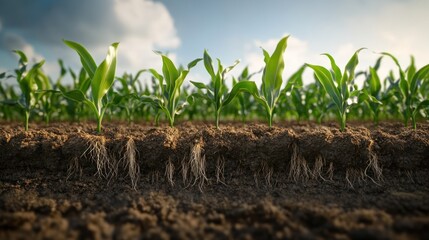 Young corn plants growing in soil.