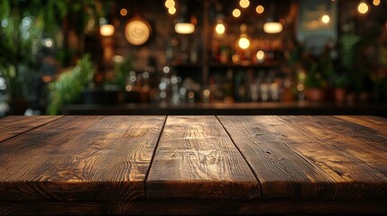 Rustic wooden table in front of blurred bar background.