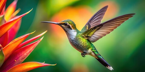 Fototapeta premium Close-up shot of a hummingbird in flight, capturing its rapid wing movement against the bright colors and intricate patterns of a Strelizia flower, wildlife, close-up