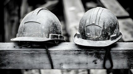 Two weathered hard hats rest on a worn wooden beam. Black and white photography emphasizing texture and age.