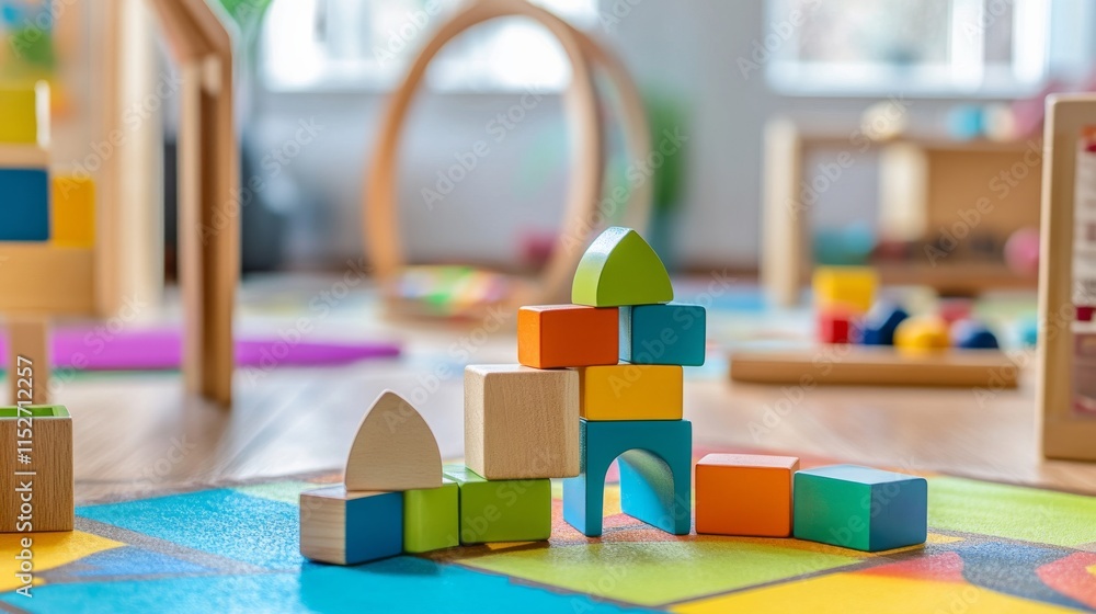 Poster a creative block-building scene in a vibrant playroom, colorful blocks stacked artistically, playful