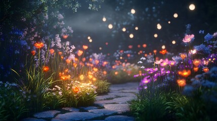 A beautiful garden at night with glowing flowers and soft mist hovering above the ground
