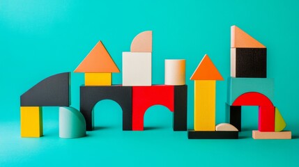 A creative block-building scene with abstract, colorful blocks, Contemporary artistic style