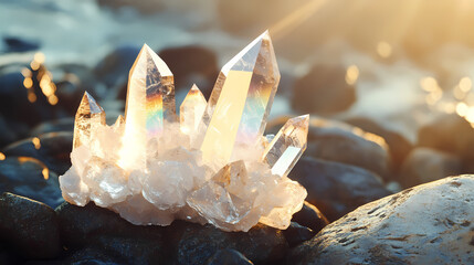 Large clear quartz crystal cluster sits on rocks, refracting sunlight to create a rainbow, sparkling and shining with magic outdoors. Quartz. Illustration