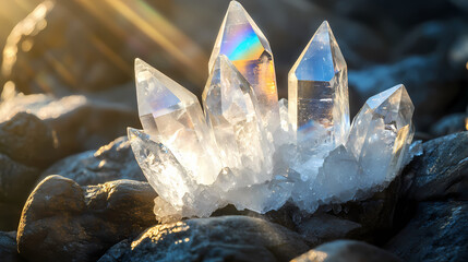 Obraz premium Large clear quartz crystal cluster sits on rocks, refracting sunlight to create a rainbow, sparkling and shining with magic outdoors. Quartz. Illustration