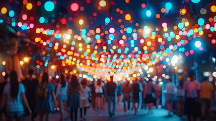 A crowd of people are standing under a colorful light display. The lights are bright and colorful,
