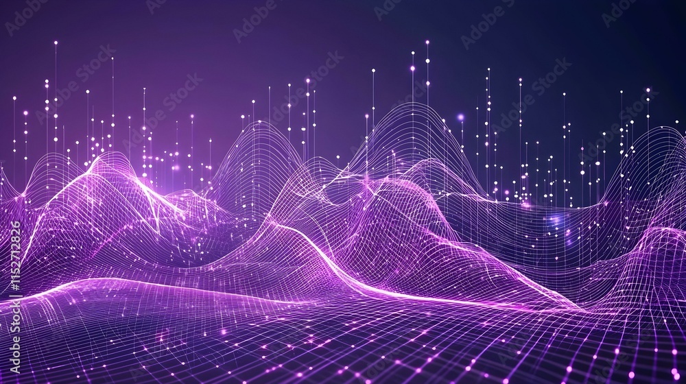 Poster abstract purple digital landscape with glowing lines and nodes. perfect for tech, ai, and data visua