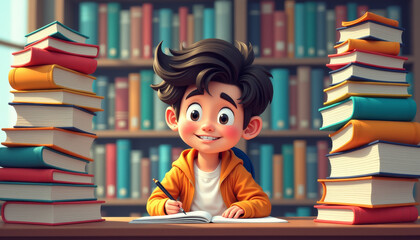 Focused student in orange hoodie writing notes at library desk surrounded by colorful books