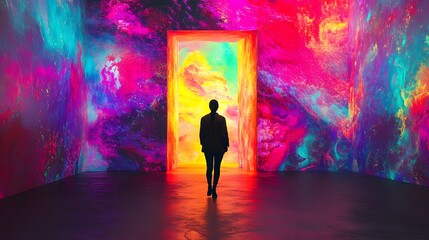 A person walking through a door that opens into a glowing fantasy world full of vibrant colors