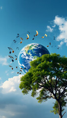 Harmony of nature, music planet earth music notes in the sky around green tree, environment day concept, dramatic, with white tones
