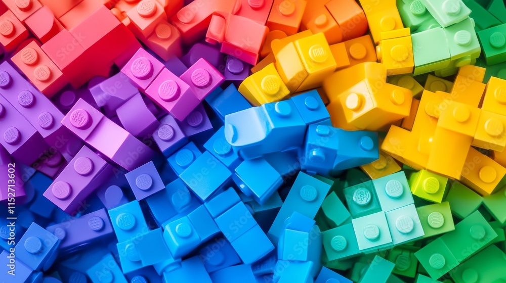 Poster a creative block-building setup with artistically arranged colorful bricks, contemporary constructio