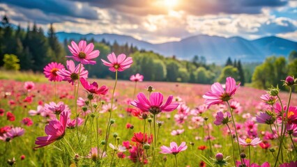 Obraz premium A lush meadow filled with vibrant pink wildflowers swaying gently in the breeze on a warm summer day