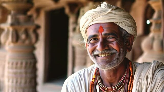 A Mohenjo-Daro artisan with a serene smile, wearing simple but elegant ornaments.