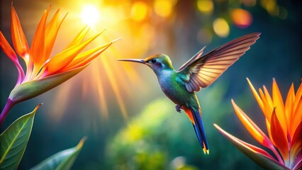 Fototapeta premium Iridescent hummingbird hovering above a vibrant Strelitzia flower in sunlight, showcasing intricate details of both subjects, strelitzia, birdwatching