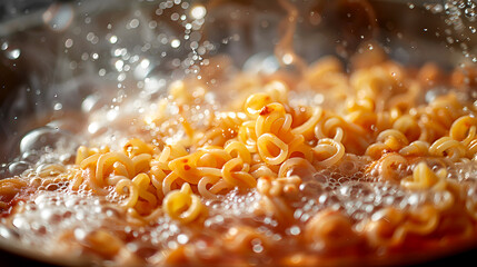 Freshly Cooked Pasta Bubbling in a Pan with Splashes of Water