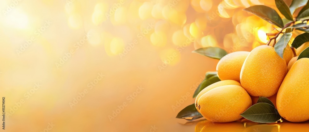 Poster vibrant abstract image of a glowing mango with golden bokeh. fruit with abstract glowing light backg