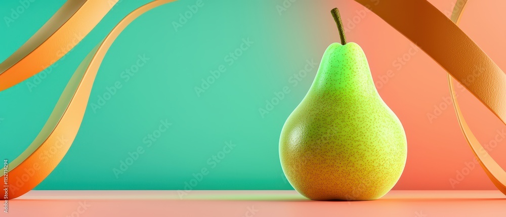 Poster glowing pear with green and pink gradient abstract background. fruit with abstract glowing light bac