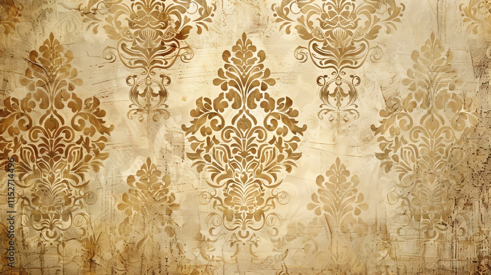 Aufkleber a textured background with a damask pattern in gold on a beige background.
