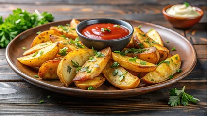 Crispy golden fried potato wedges on a plate, garnished with fresh herbs and served with a side of spicy dipping sauce , potato